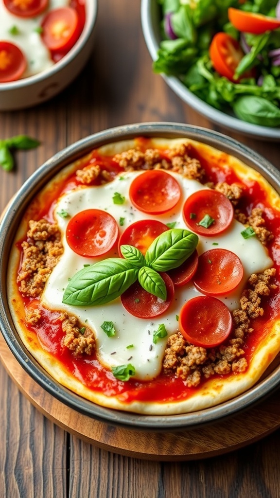 A hearty low carb pizza bowl with ground meat, marinara, cheese, and pepperoni, garnished with basil on a wooden table.